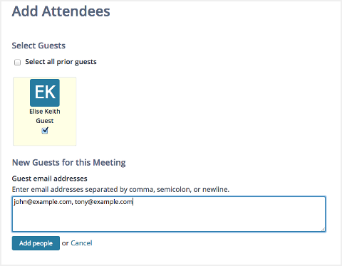 Screenshot: The Add Attendees screen, with email addresses entered in the text area.