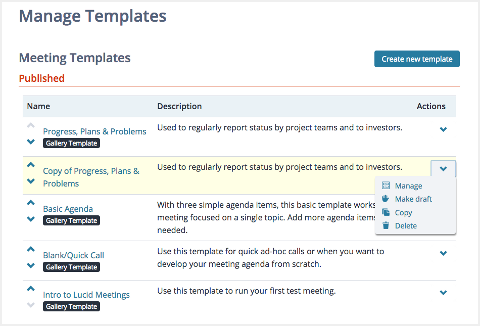 Screenshot: Managing templates