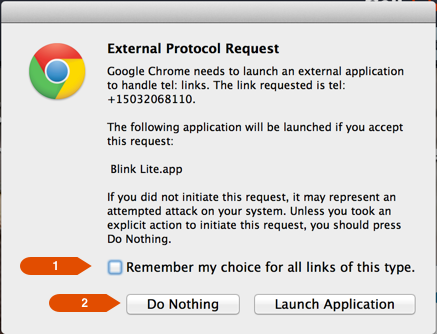 Screenshot of Google Chrome protocol handler with 'Remember my choice' and 'Do nothing' highlighted, the combination of which is a tar pit of no return