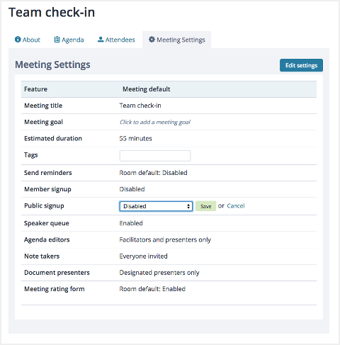 Screenshot: Editing a template's meeting settings