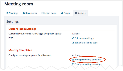 Screenshot: Manage meeting templates on a room's Settings tab