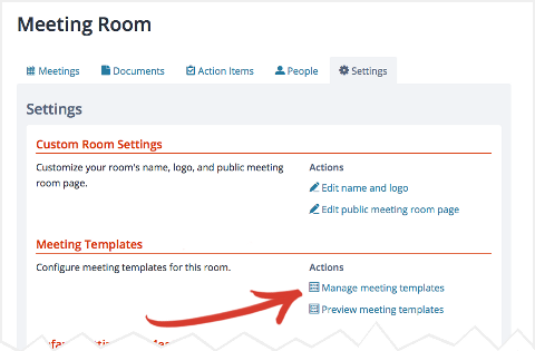 Screenshot: Navigating to meeting templates for a room