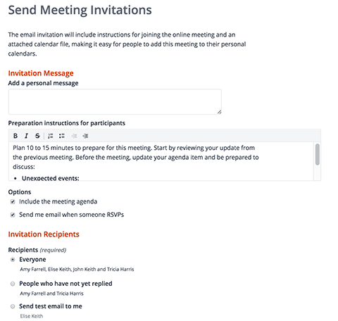 The form for sending invitations with a place to add a personal note