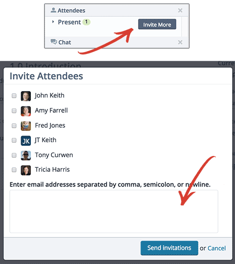 Screenshots: invite more people by clicking "Invite More" in the Attendees panel, then filling out the form.