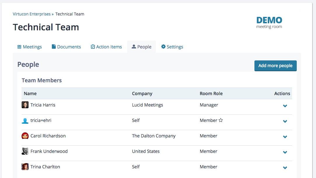 Screenshot: the People tab of a meeting room, with an "Add more people" button