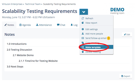 Screenshot: Making a template from a meeting