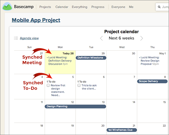 Screenshot showing synched meetings and to-dos on the Basecamp project calendar