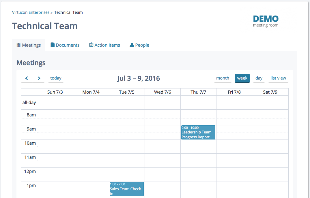 Screenshot: Room home, with meetings tab open and calendar view displayed