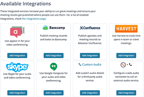 Screenshot: the Available Integrations page