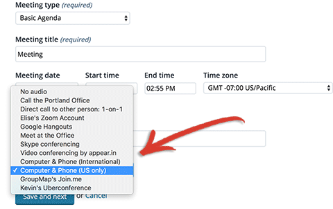 Screen shot of meeting settings, showing a selection of pre-defined audio and video options