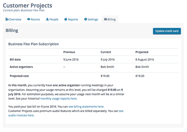 Screenshot: the Billing tab for an organization with a "Business Flex" subscription, showing Bill date, Active organizers, and Projected cost for the current and upcoming billing periods