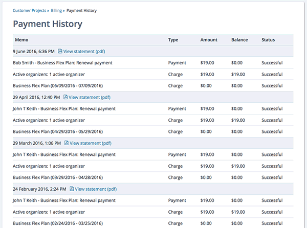 Screenshot: the Payment History page, showing a summary by month with links to PDF statements