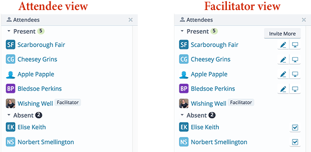 Two screenshots of the Attendee widget, showing the attendee's view and the facilitator's view. Both can see who is present or absent. Facilitators can also manage attendees from this widget.
