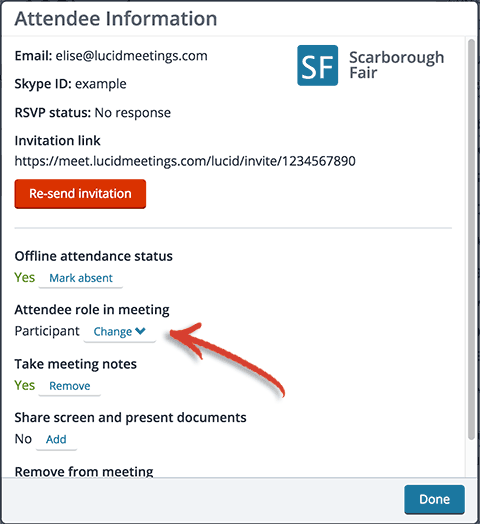 Screenshot of the Attendee Information dialog, showing the attendee's contact information, invitation link for the meeting, and controls to mark present/absent, change roles, change permission, or remove from the meeting