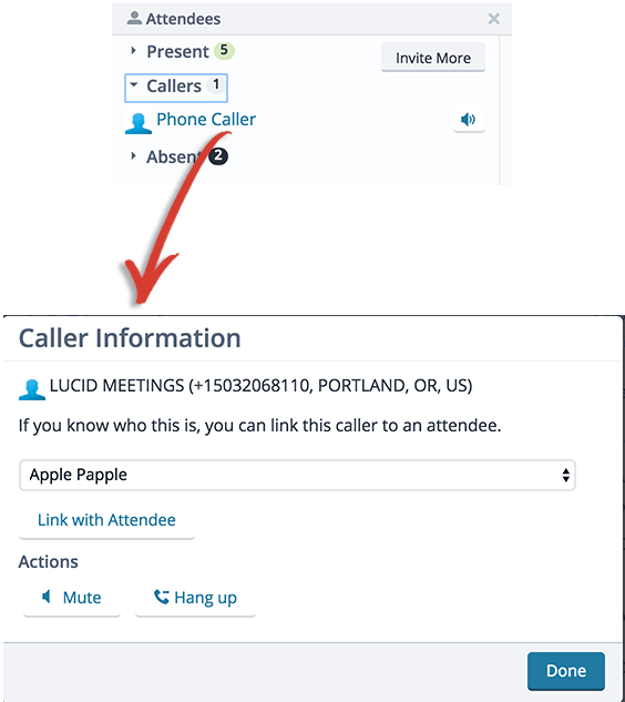 Screenshot showing "Phone Caller" attendee and the Caller Information dialog displayed when the facilitator selects that person.  