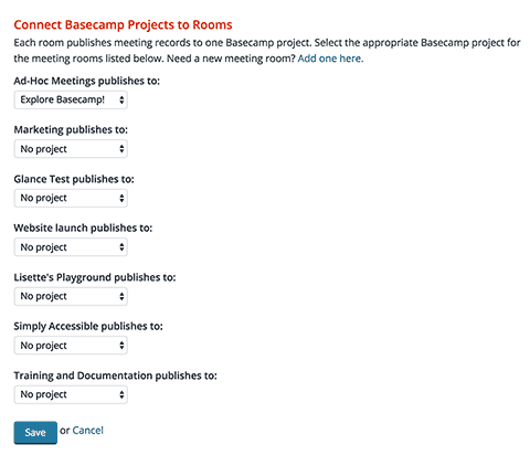 Screenshot: the form for connecting Basecamp projects to Rooms in Lucid Meetings