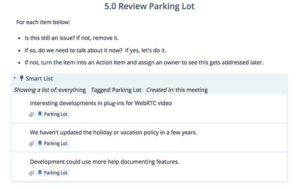 Screenshot: a Smart List showing tagged notes: "Everything, tagged Parking Lot, created in this meeting"