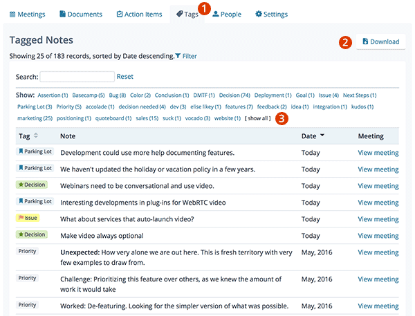 Screenshot: the Tags tab of a meeting room, calling out the Download button and the ability to filter by tag name