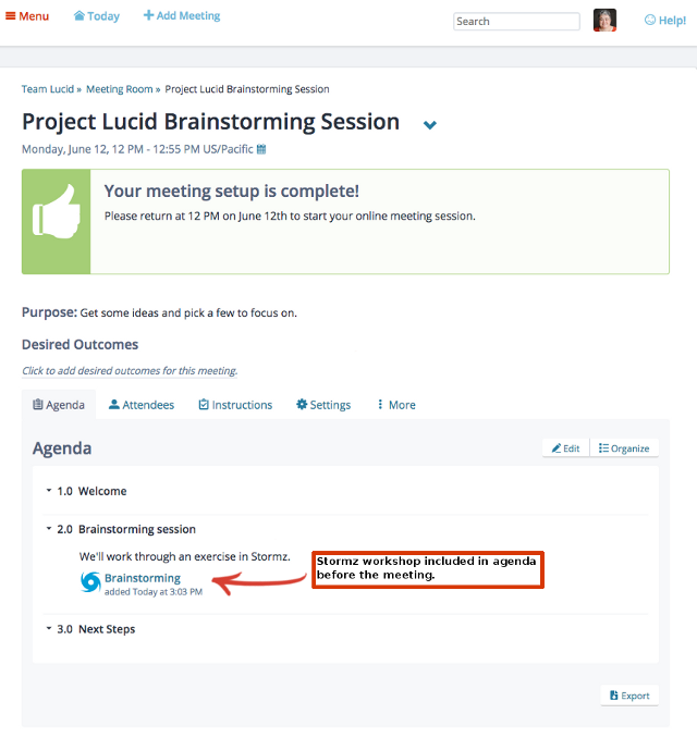 Screenshot: a meeting agenda with a Stormz workshop attached to the second agenda item