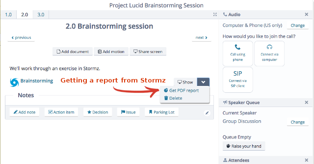 Screenshot: a running meeting, showing an agenda item with a "Brainstorming" Stormz workshop listed, and the Actions menu next to the workshop open showing the "Get PDF report" option