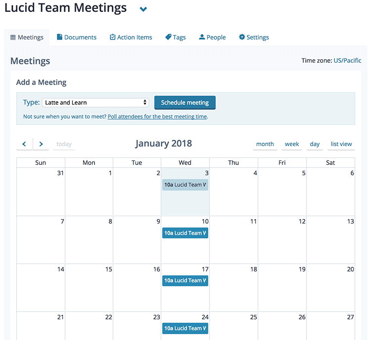 Screenshot: The home page for a meeting room, showing a calendar with a meeting at 10 am each Wednesday