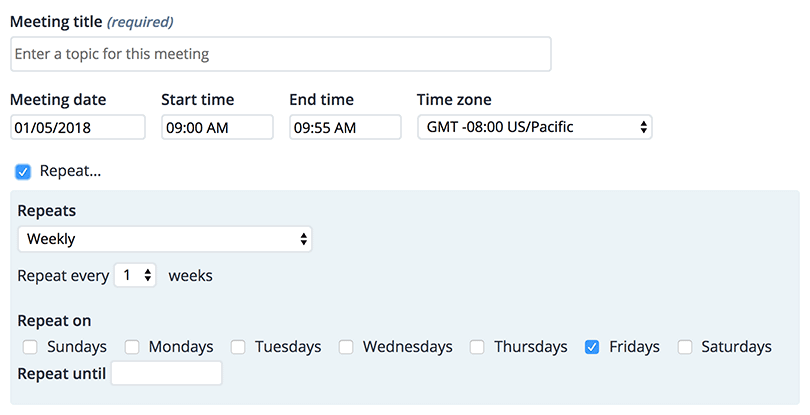 Screenshot: the scheduling form for a meeting, with "Repeats..." checked and the "Repeats" section displayed