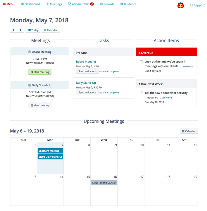 Dashboard screenshot, showing widgets for upcoming meetings, tasks, action items, and a calendar for the next two weeks