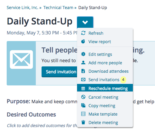 A portion of the meeting home page with the Actions menu expanded, with "Reschedule Meeting" selected