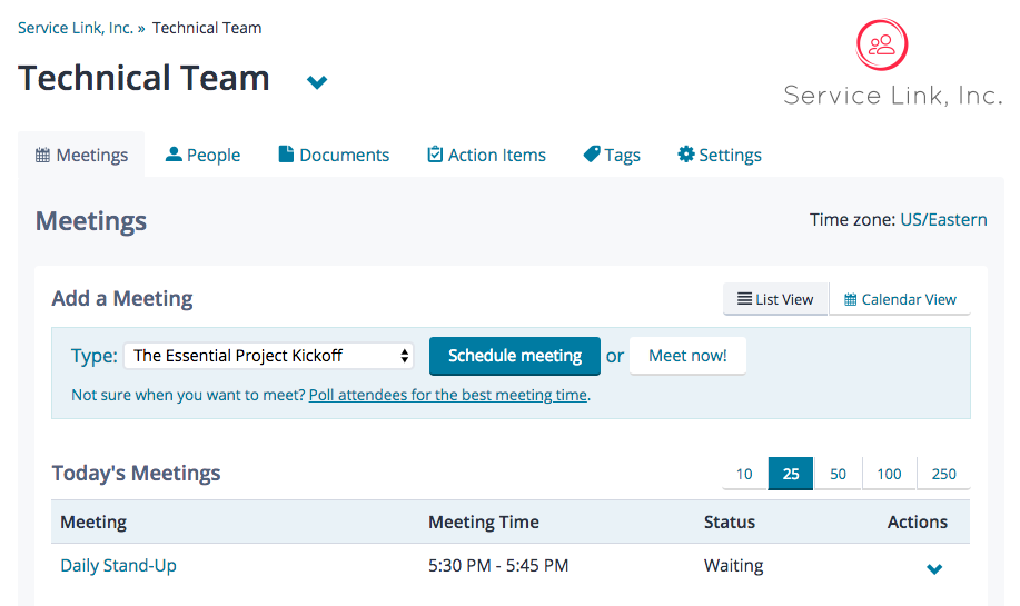 Room home page, showing "Add a Meeting" form, tabs for Meetings, People, Documents, Action Items, Tags, and Settings