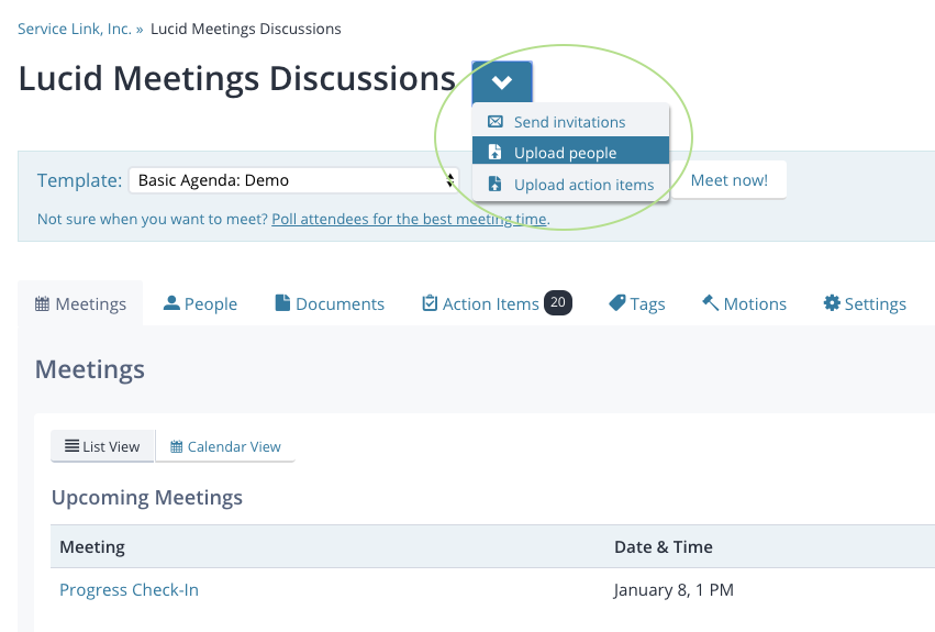 Screenshot: A meeting room with the Actions menu next to the room name expanded and the "Upload people" entry selected