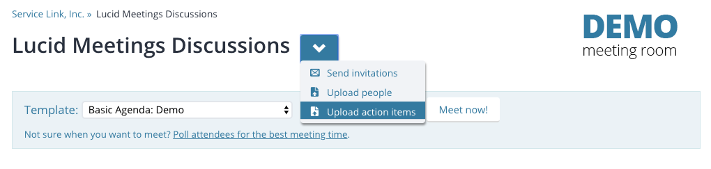 Screenshot: A meeting room, with the Actions menu (next to the room title) opened and "Upload action items" highlighted