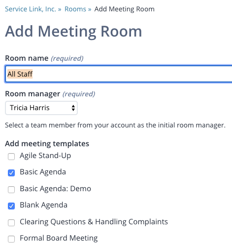 Screenshot of the "Add Meeting Room" form,  with Room name "All Staff" filled in, room manager selected, and meeting templates selected