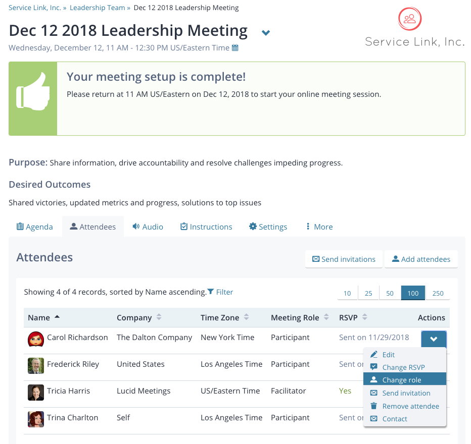 The meeting home page, with Attendees tab selected and the Actions menu for one attendee open, with "Change role" selected