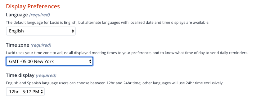 Screenshot of the "Display Preferences" part of the user profile form, with the Time Zone selection highlighted