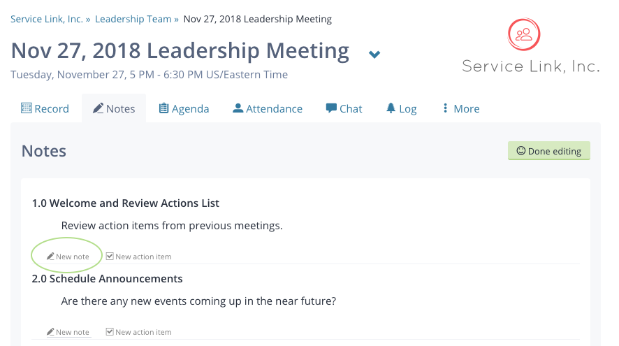 Screenshot: the Notes tab of a previously held meeting, with a "New note" button highlighted