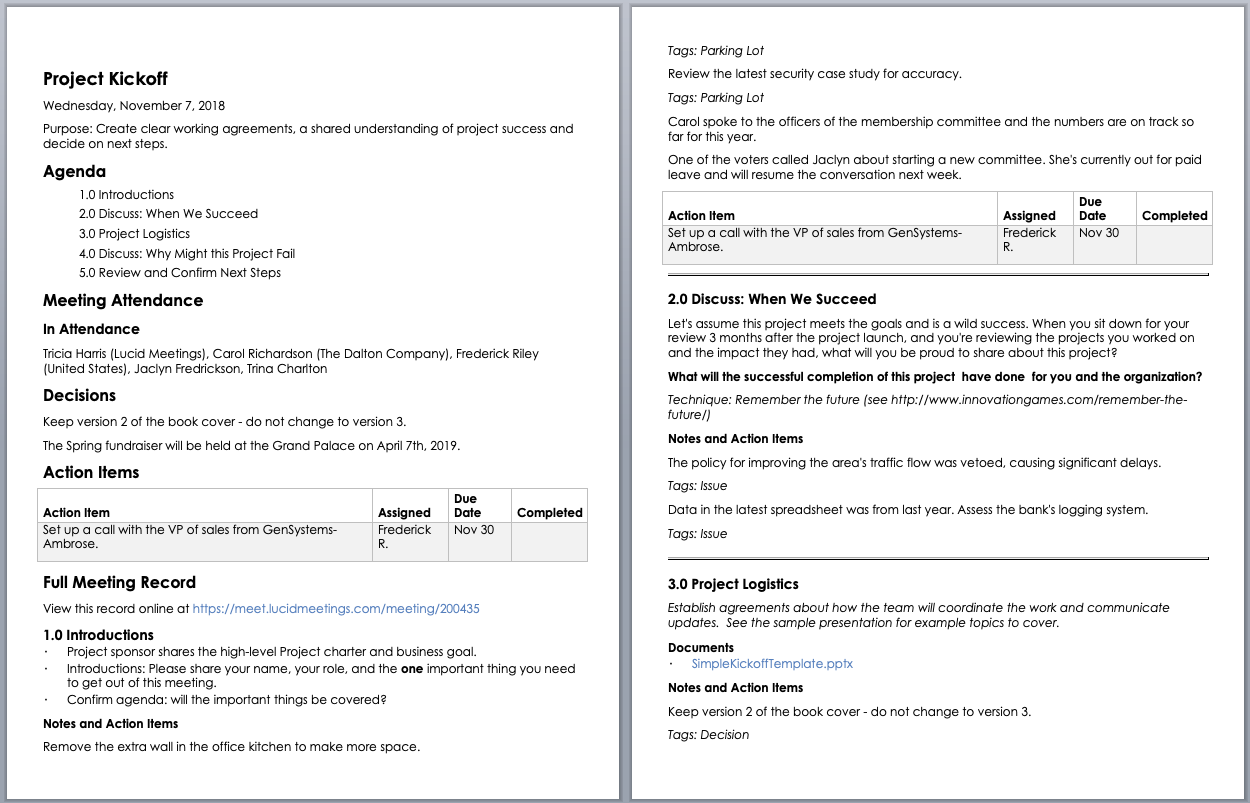 Appearance of a meeting record exported in Word (docx) format