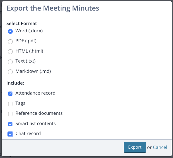 Screenshot: Export options dialog, including format and content options