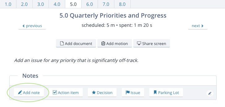 Screenshot: An agenda item in a running meeting, with the "Add note" button highlighted