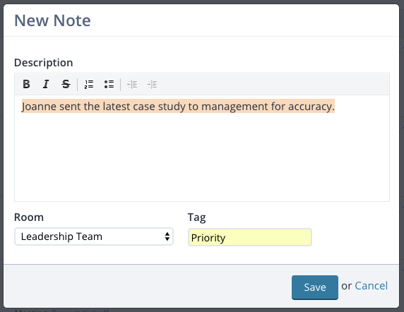 Screenshot: the "New Note" dialog for a meeting room