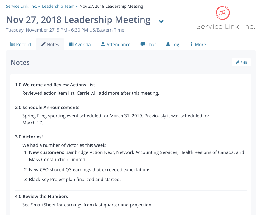 Screenshot: Meeting Notes shown in the Notes tab of a meeting home page