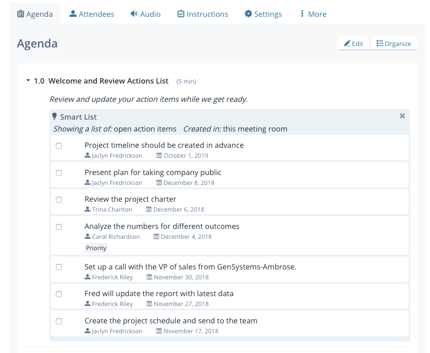 A Smart List showing open action items (in the current meeting room), shown in an agenda item titled "Welcome and Review Actions List"