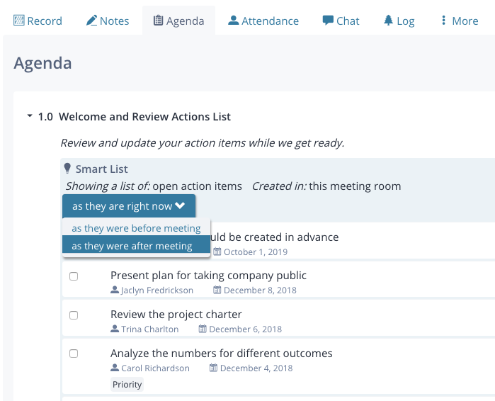 Screenshot: Smart List in a meeting agenda post-meeting, showing an option to display the items that were in the list "as they are right now," "as they were before the meeting," or "as they were after meeting" 