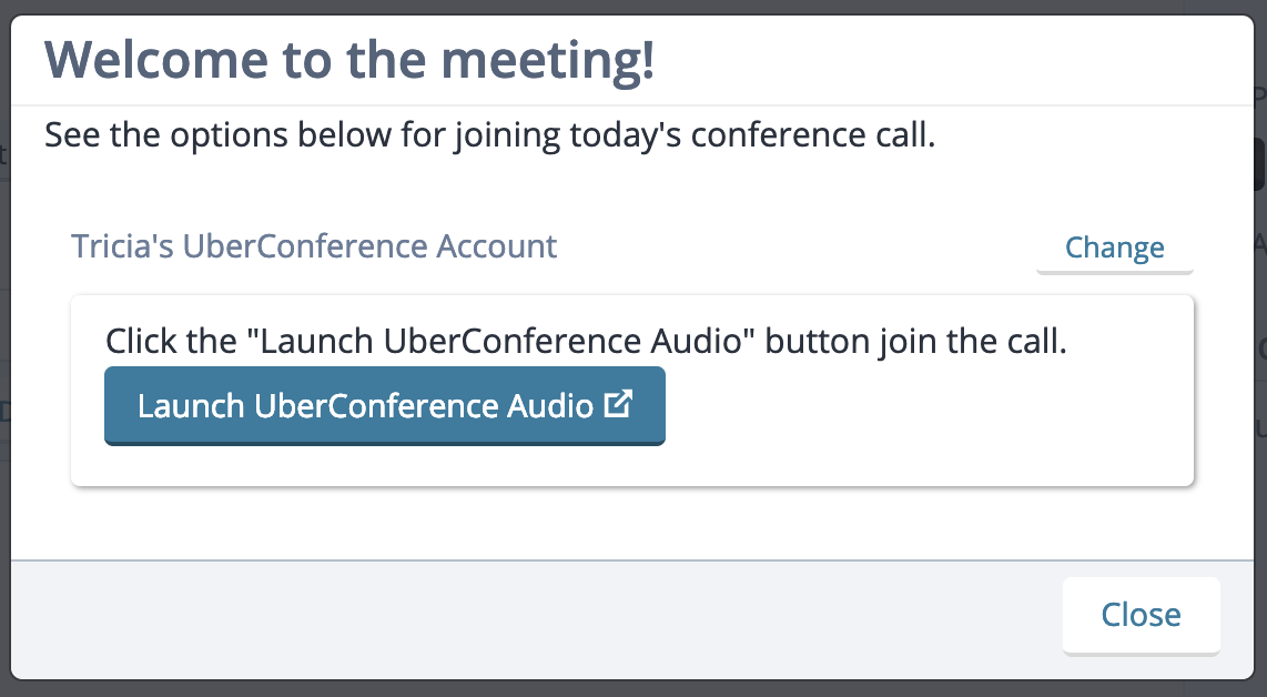 Screenshot: The audio pop-up window in a Lucid meeting, showing a "Launch UberConference Audio" button