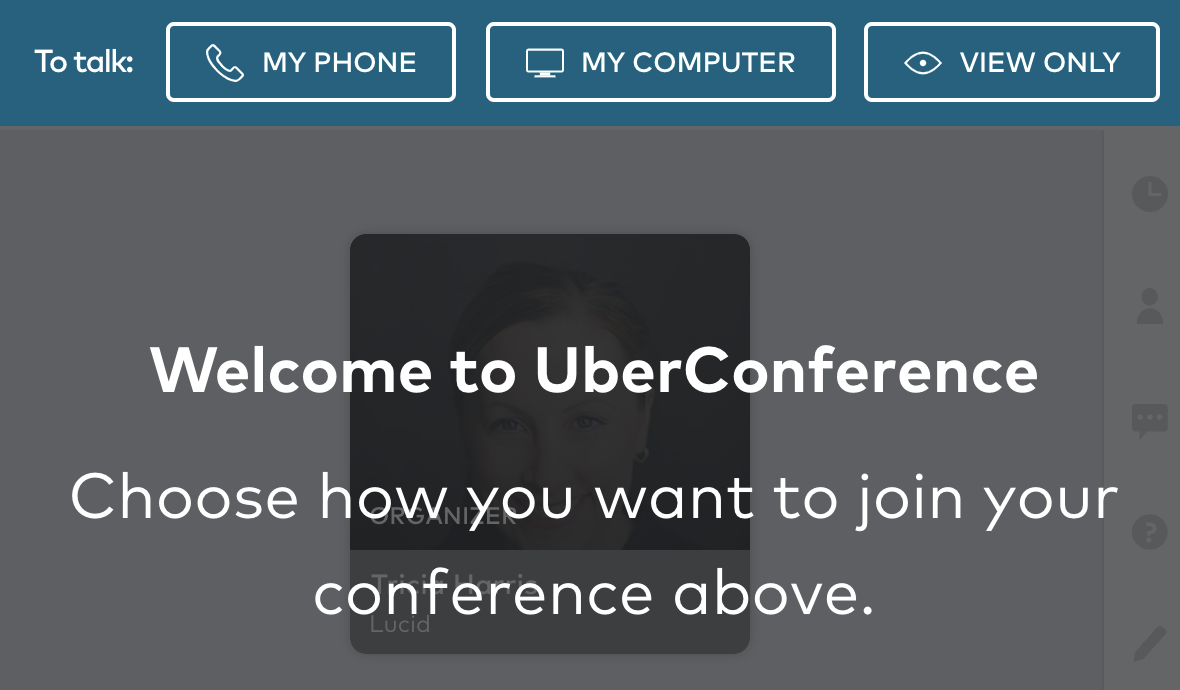 Screenshot: the screen UberConference displays after the user clicks the "Launch UberConference Audio" button in a meeting