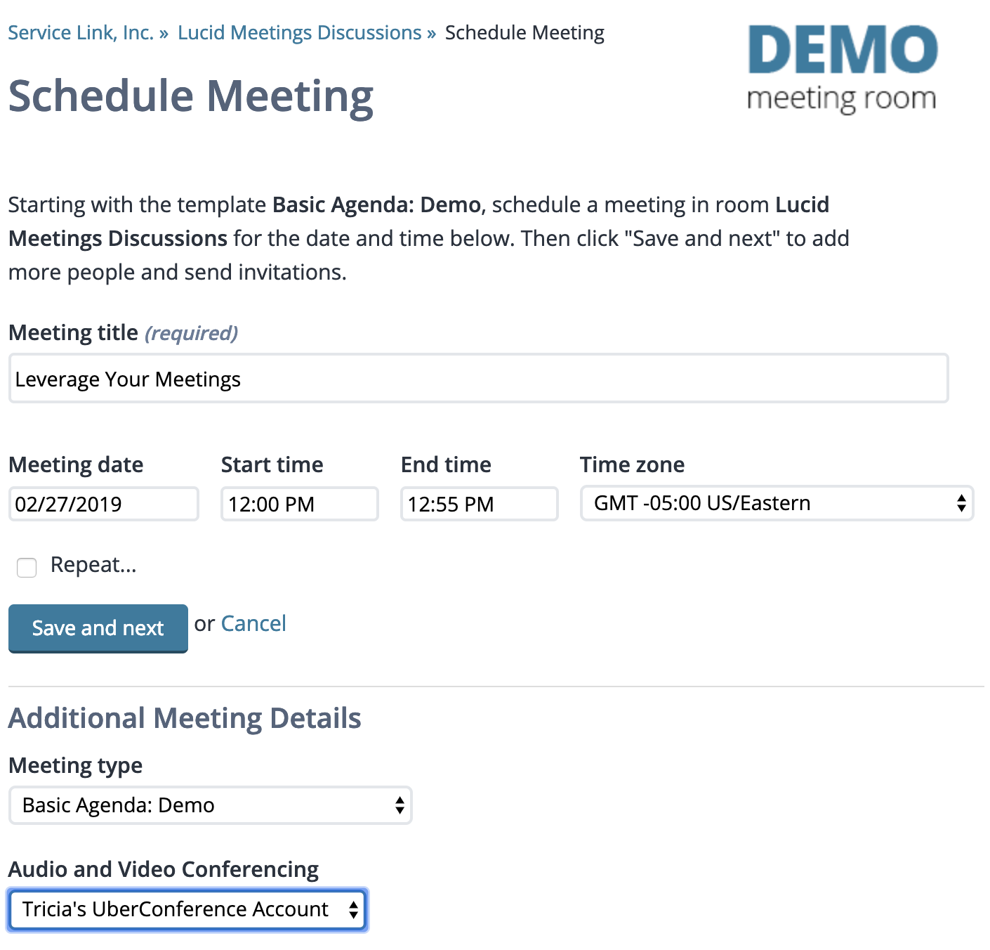 Screenshot: The "Schedule Meeting" form, with "Tricia's UberConference Account" selected under "Audio and Video Conferencing"