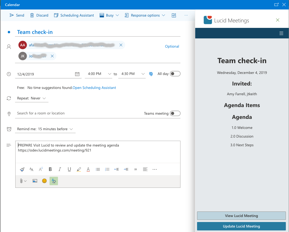 Screenshot: the same Outlook event, with details from Lucid Meetings filled in and a summary of the Lucid Meeting displayed in the extension pane