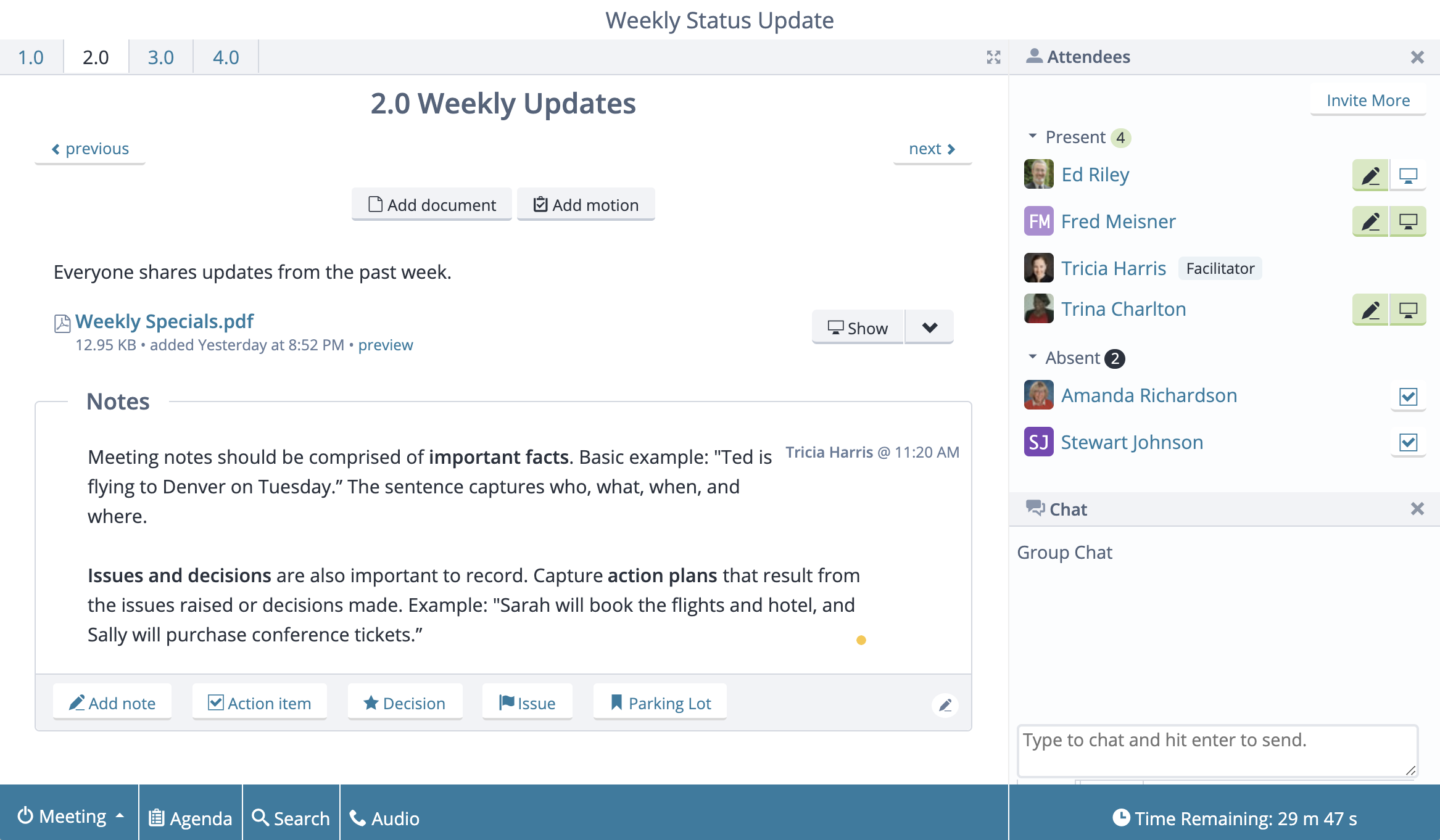 Screenshot: a meeting in progress, showing the current agenda item, notes, attendees, and group chat widget