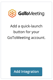 Screenshot: the GoToMeeting option on the Available Integrations page, showing an Add Integration button