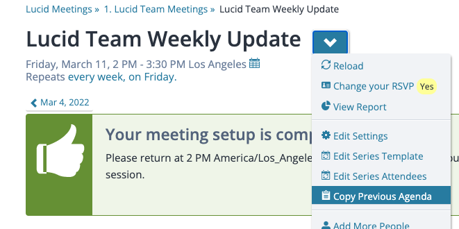 The Actions menu for a meeting (in a series) is expanded, showing "Copy Previous Agenda," the seventh entry in the menu
