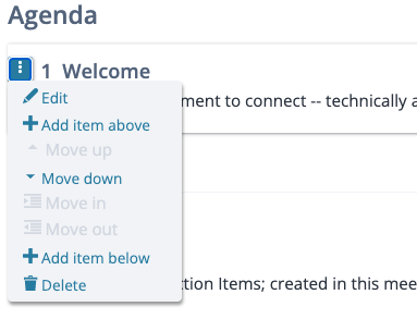 Screenshot of an agenda item menu, showing the actions Edit, Add item above, Move up, Move down, Move in, Move out, Add item below, and Delete. Some actions are dimmed.